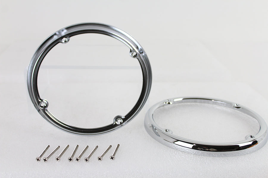 V-Twin chrome rear Tour-Pak speaker trim set for sissy bar and windshield, with polished finish and detailed design.