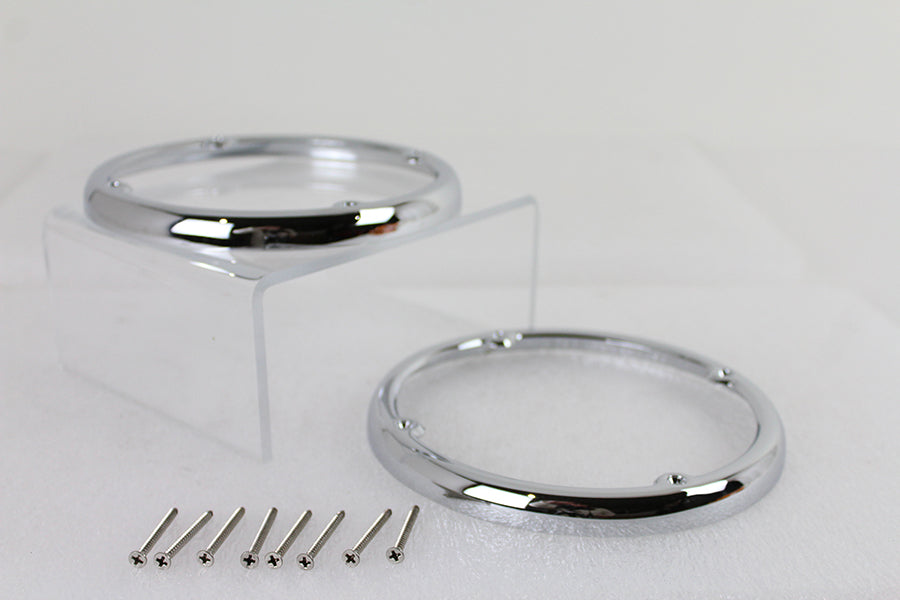 V-Twin Chrome Rear Tour-Pak Speaker Trim Set for windshield and sissy bar, decorative motorcycle accessory with shiny chrome finish.