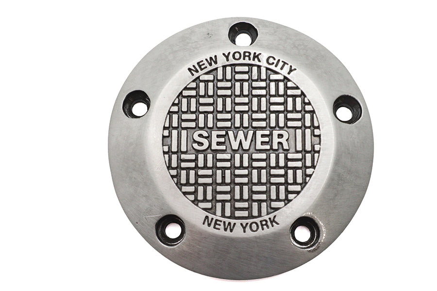 V-Twin NYC TC-88 electrical ignition cover with 5-hole design, durable metal component for Harley-Davidson engines.