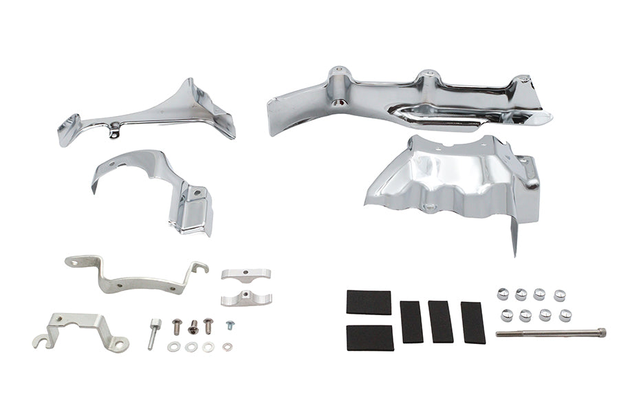Chrome V-TWIN transmission interface and inner primary cover for drive line, showcasing a sleek, polished motorcycle accessory.
