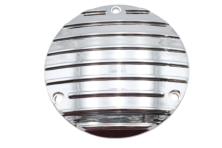 Chrome V-Twin Finned Derby Cover for Drive Line motorcycles, featuring a sleek, polished finish with detailed finned design.