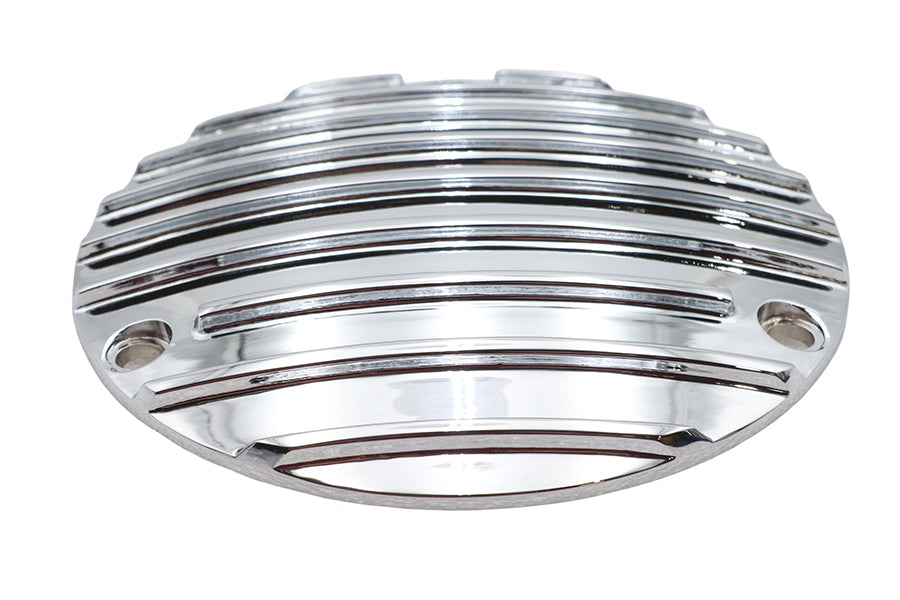 Chrome V-Twin Finned Derby Cover for drive line, featuring detailed finned design and high-quality chrome finish.