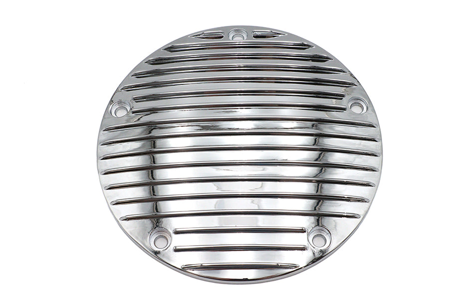 Chrome V-Twin Finned Derby Cover for drive line, with polished metal finish and detailed finned design.