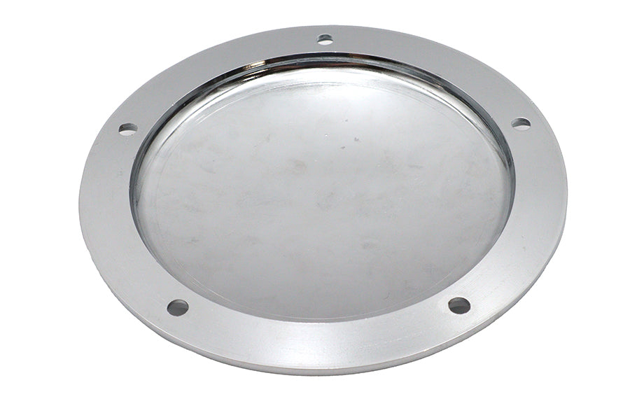 Chrome V-Twin Finned Derby Cover for drive line motorcycles, featuring a sleek V-Twin branding and polished chrome finish.