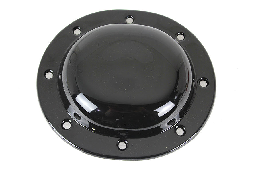 V-Twin Replica Black Derby Cover for drive line, featuring a sleek finish and detailed design for motorcycle compatibility.