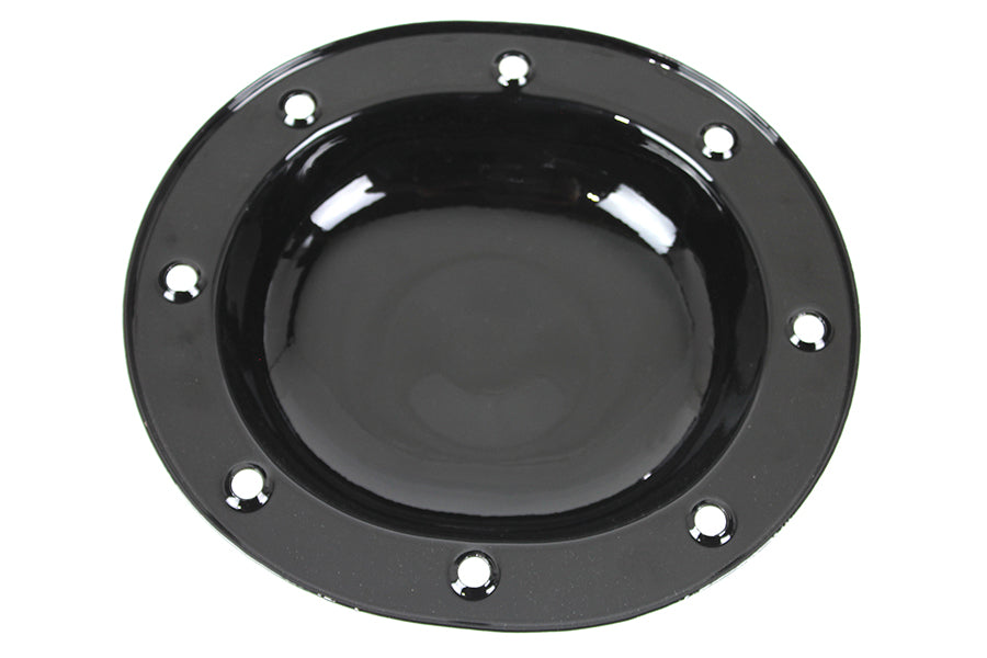 V-Twin Replica Black Derby Cover for drive line, motorcycle accessory, with a sleek black finish and detailed design.