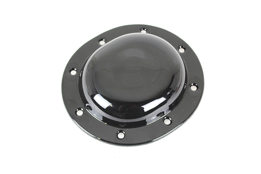 V-Twin Replica Black Derby Cover for drive line, showcasing durable black finish and classic V-Twin branding on motorcycle part.