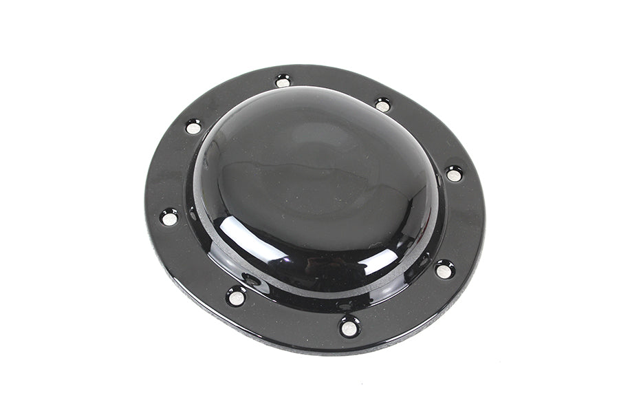 V-Twin Replica Black Derby Cover for drive line, featuring a sleek black finish and detailed design, compatible with V-Twin motorcycle models.