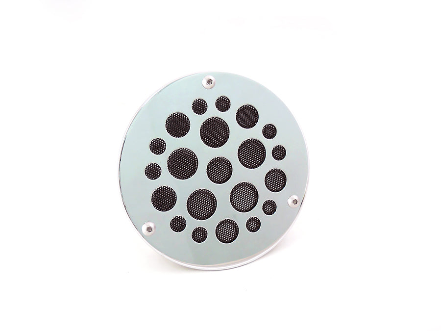Chrome V-Twin 3-Hole Derby Cover for Drive Line motorcycle with reflective finish, detailed design, and mounting holes visible.