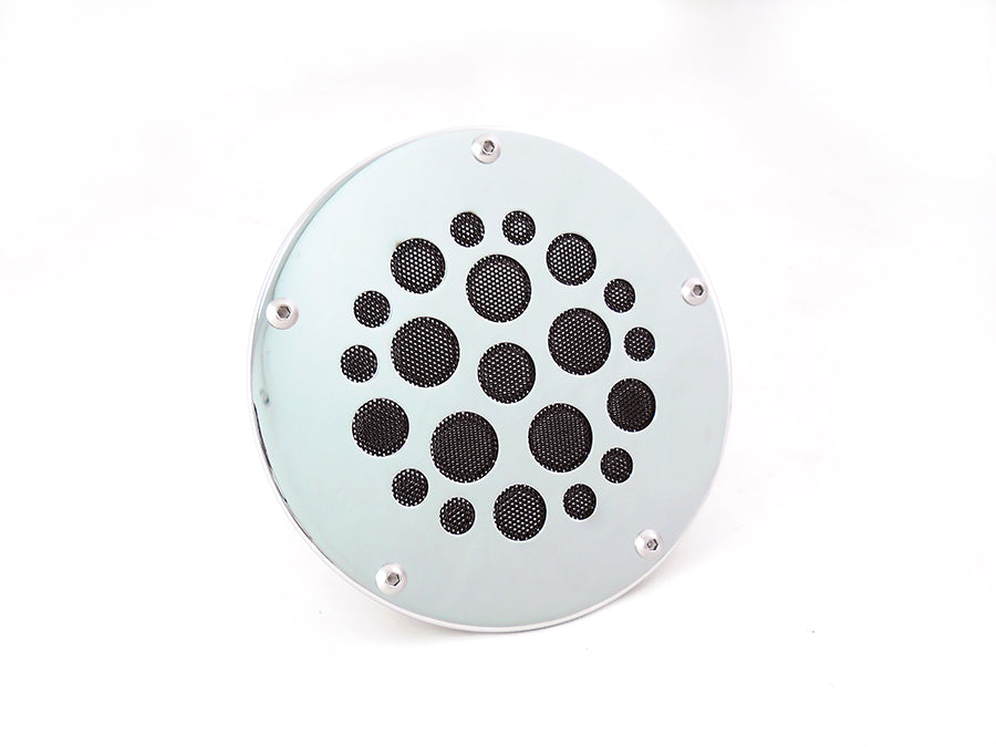 Chrome V-TWIN 5-Hole Derby Cover for Drive Line, showcasing a shiny, polished finish with five bolt holes for motorcycle customization.