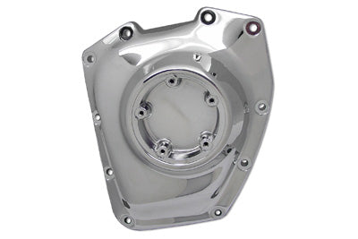 V-Twin factory chrome engine cam cover with V-Twin branding, showcasing shiny metallic finish and detailed design.