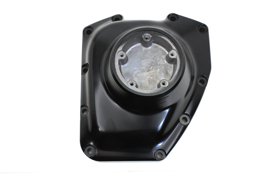 V-Twin factory sample gloss black engine cam cover with V-Twin branding on a motorcycle engine.