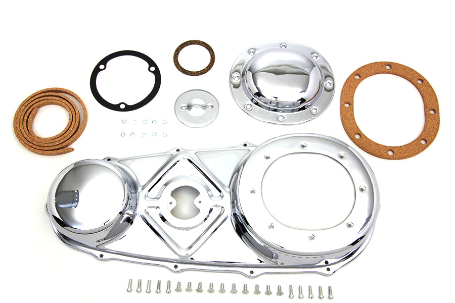 Chrome V-TWIN Outer Primary Cover Kit for V-TWIN drive line, showcasing a shiny, detailed motorcycle primary cover.