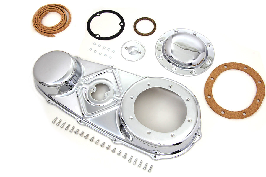 Chrome V-TWIN Outer Primary Cover Kit for drive line applications, showcasing a polished, reflective finish on a motorcycle part.