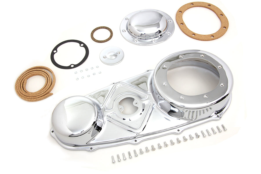 Chrome V-TWIN Outer Primary Cover Kit for drive line, features a sleek, polished finish on a motorcycle engine component.