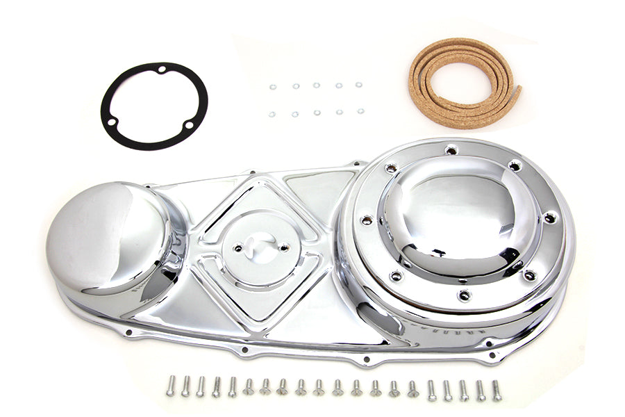 Chrome V-TWIN Outer Primary Cover Kit for V-Twin drive line, featuring polished finish and detailed design.