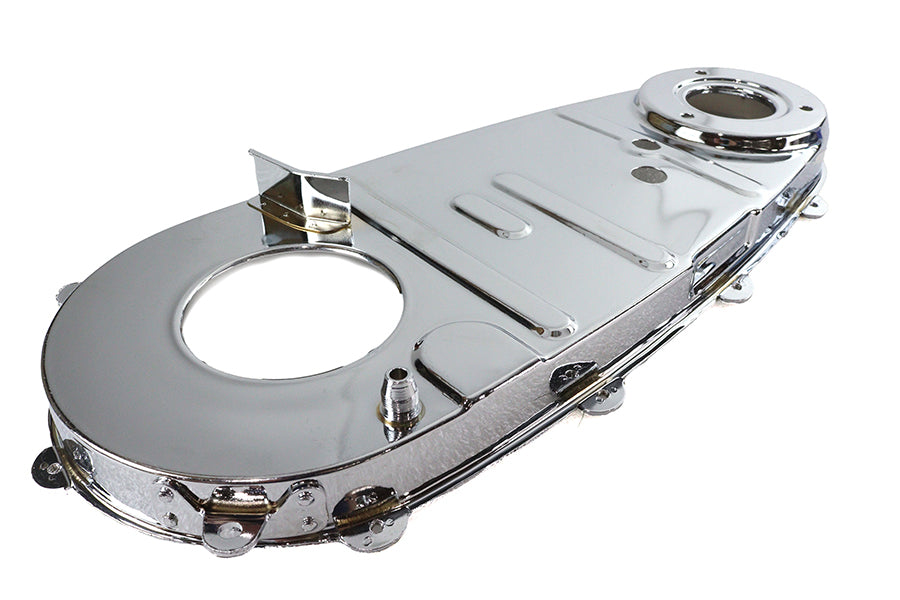 Chrome V-Twin Factory Sample Replica Inner Primary Cover for V-Twin drive line, featuring detailed metal craftsmanship.