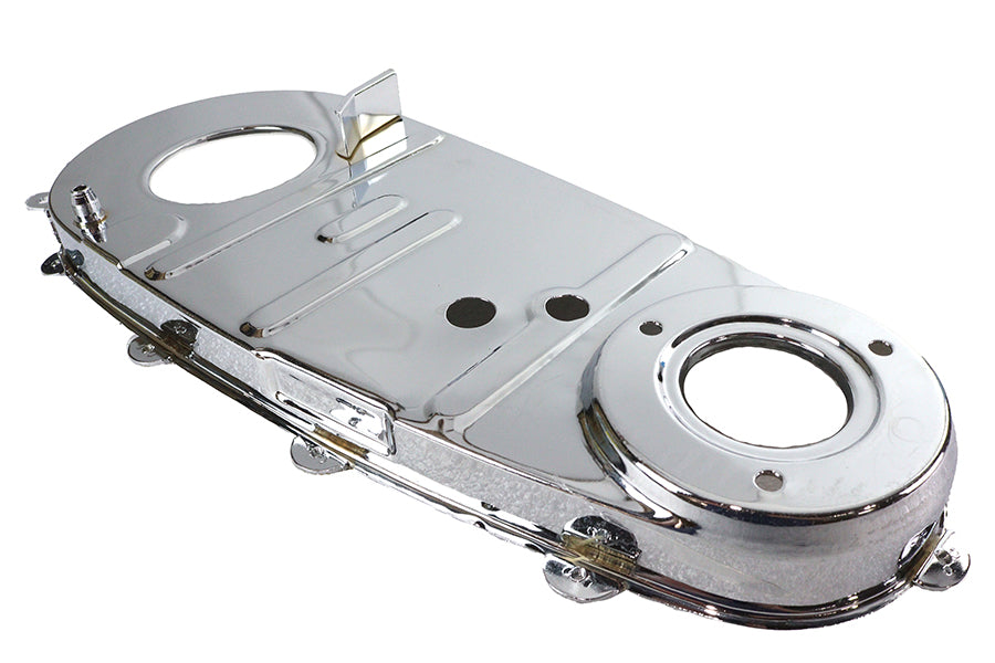 V-TWIN Factory Sample Replica Inner Primary Cover Chrome for V-TWIN drive line motorcycle, shiny chrome finish.