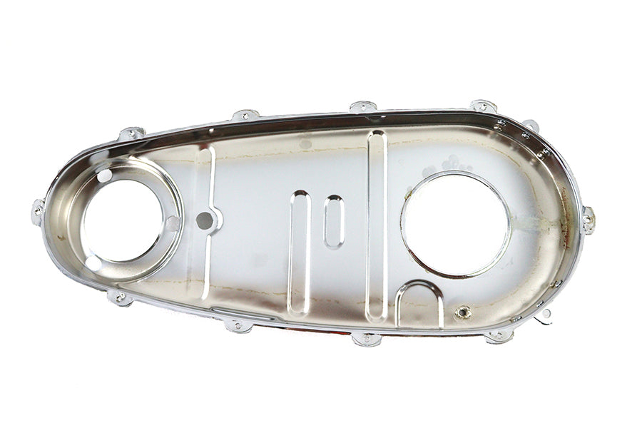 Chrome V-Twin Factory Sample Replica Inner Primary Cover for V-Twin drive line, showcasing a polished, detailed motorcycle component.