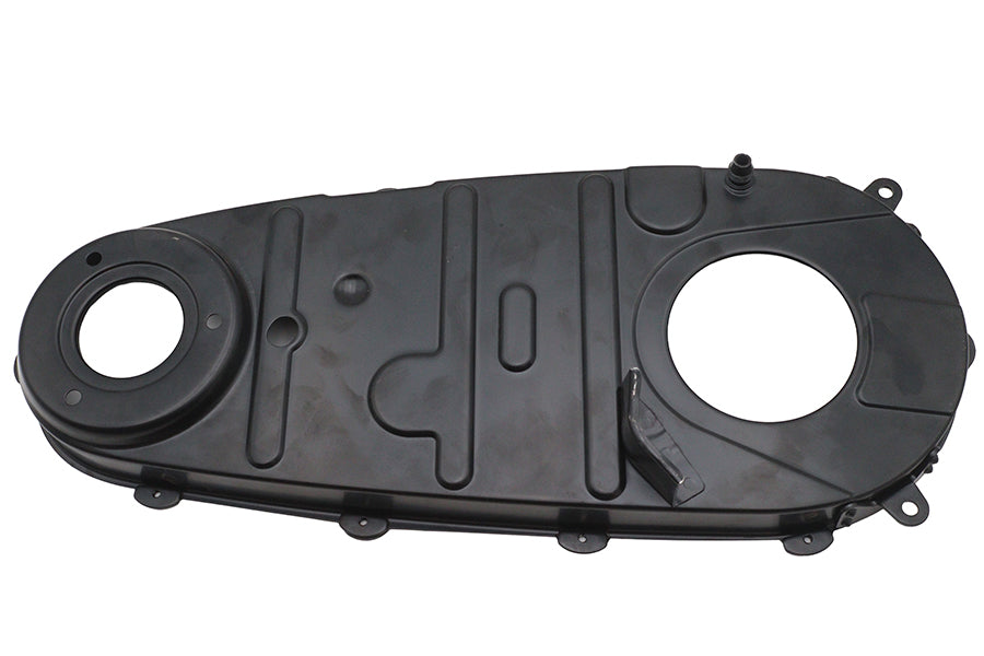 V-Twin Factory Sample Replica Inner Primary Cover in black for V-Twin drive line motorcycle models, showing detailed metal finish.