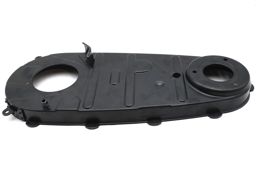 V-Twin factory sample replica inner primary cover in black for drive line, showcasing detailed design on a motorcycle.