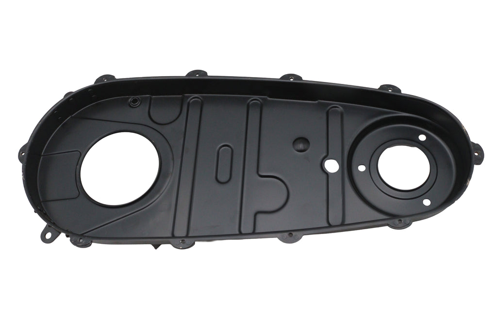 V-Twin factory sample replica black inner primary cover for V-Twin drive line motorcycle, showing detailed finish and mounting holes.