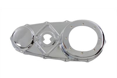 Chrome V-TWIN outer primary cover for drive line, featuring a sleek, polished finish for motorcycle engine protection and style.