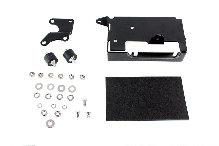 Black V-Twin Battery Carrier Kit for electrical systems, featuring durable construction and secure mounting for motorcycle batteries.
