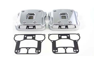 Chrome V-Twin Rocker Box Cover Set for motorcycle engine, featuring polished metal finish and detailed V-Twin branding.