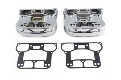 Chrome V-Twin rocker box cover set for motorcycle engine, featuring polished metal finish and detailed design.