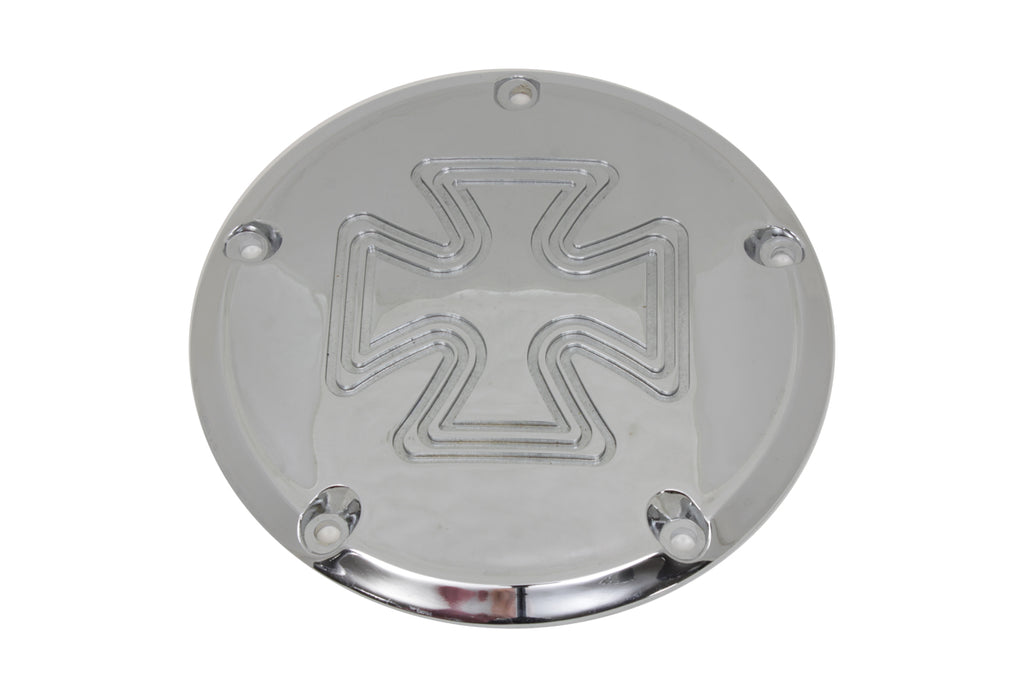 V-Twin Iron Cross Derby Cover Chrome Billet for drive line, featuring detailed iron cross design on a sleek chrome finish.