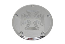 Load image into Gallery viewer, V-Twin Iron Cross Derby Cover Chrome Billet for drive line, featuring detailed iron cross design on a sleek chrome finish.