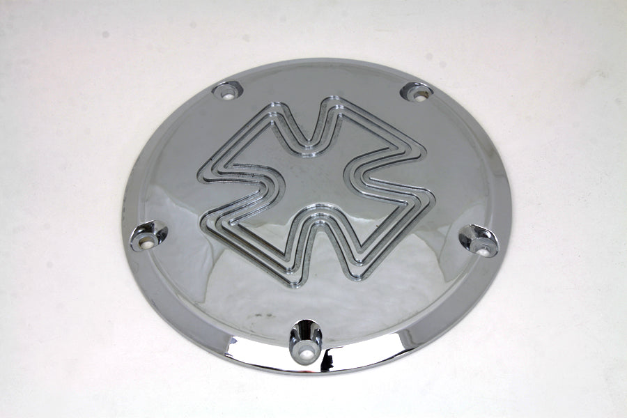 Chrome V-Twin Iron Cross Derby Cover for drive line, featuring a billet design and detailed Iron Cross emblem.