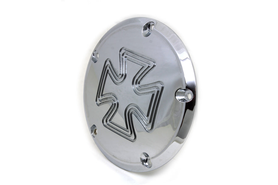 Chrome V-Twin Iron Cross Derby Cover for drive line, featuring billet construction and detailed Iron Cross design.