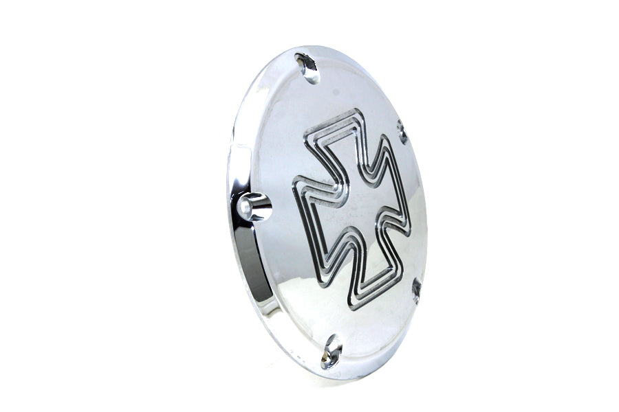 Chrome V-Twin Iron Cross Derby Cover for drive line, featuring a detailed iron cross design on a polished billet finish.