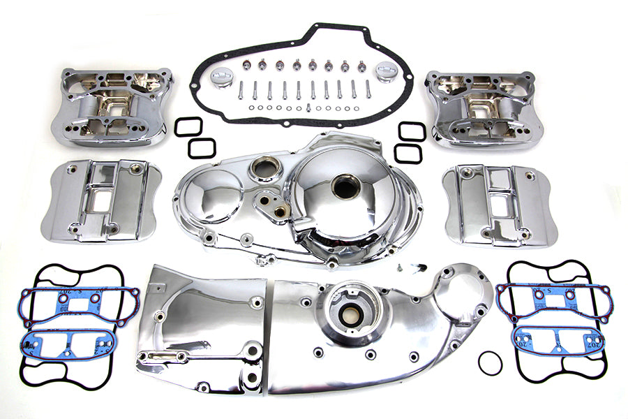 V-TWIN chrome engine dress-up kit installed on motorcycle engine, enhancing appearance with shiny chrome details.