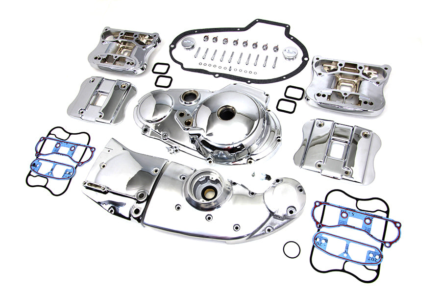 V-TWIN chrome engine dress-up kit installed on motorcycle engine, enhancing its appearance with shiny chrome components.