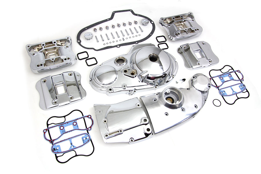 V-Twin chrome engine dress-up kit installed on motorcycle engine, enhancing appearance with shiny chrome accents.