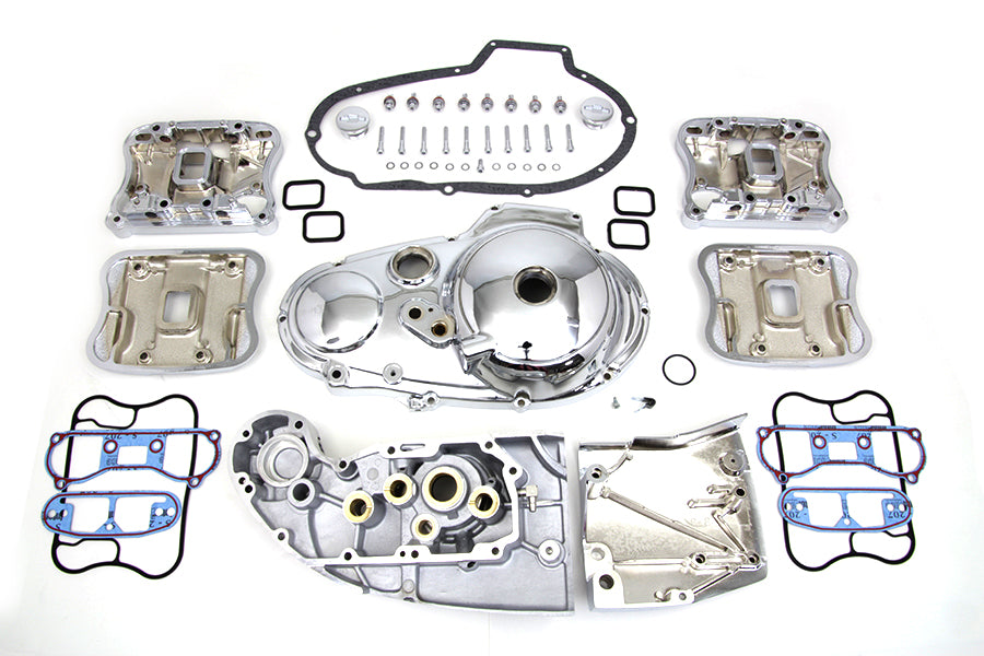 V-Twin chrome engine dress-up kit installed on motorcycle engine, enhancing its shiny, polished appearance.