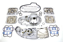 Load image into Gallery viewer, V-Twin chrome engine dress-up kit installed on motorcycle engine, enhancing its shiny, polished appearance.