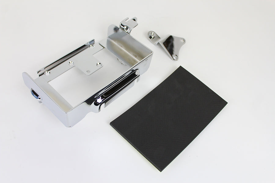 V-TWIN chrome electrical battery carrier for motorcycles, featuring a sleek chrome finish and durable construction.