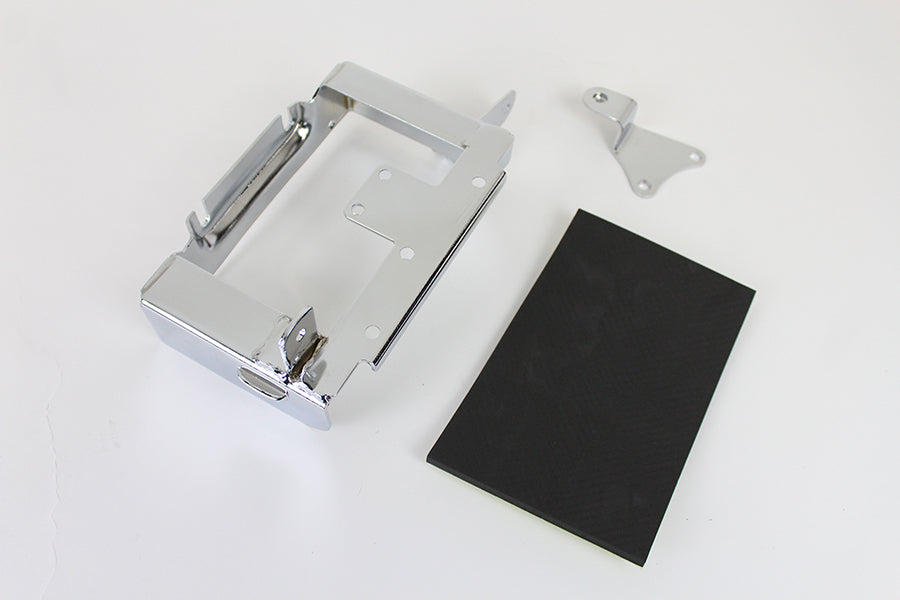 V-TWIN chrome battery carrier for motorcycle electrical system, durable metal with a polished chrome finish and mounting hardware included.