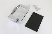 Load image into Gallery viewer, V-TWIN chrome battery carrier for motorcycle electrical system, durable metal with a polished chrome finish and mounting hardware included.