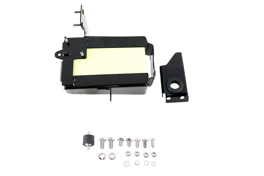 V-TWIN black battery carrier kit for electrical systems, featuring sturdy construction and secure mounting for motorcycle batteries.