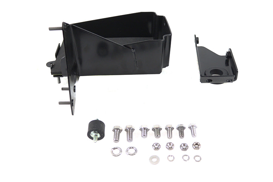 V-TWIN Black Battery Carrier Kit for electrical systems, featuring sturdy construction and easy installation for motorcycle batteries.