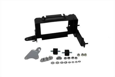 V-Twin black battery carrier kit for electrical systems, showing the sturdy metal frame and mounting hardware.
