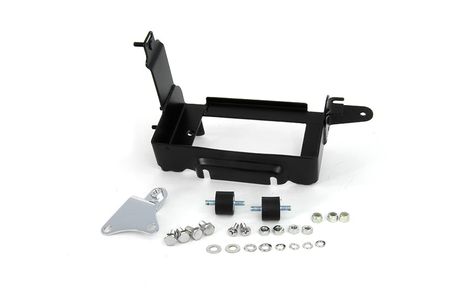 V-TWIN Black Battery Carrier Kit for electrical systems, featuring durable mounting hardware and secure battery support.