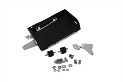 V-TWIN Chrome Battery Carrier Kit for motorcycles, featuring a durable electrical design with shiny chrome finish.