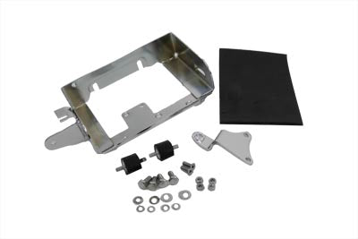 V-TWIN chrome battery carrier kit for motorcycle electrical systems, featuring a sleek, polished finish with mounting hardware.