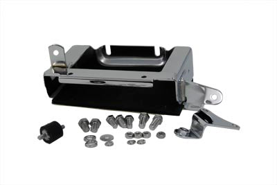 V-Twin chrome battery carrier kit for motorcycle, featuring polished metal finish and mounting hardware for electrical assembly.